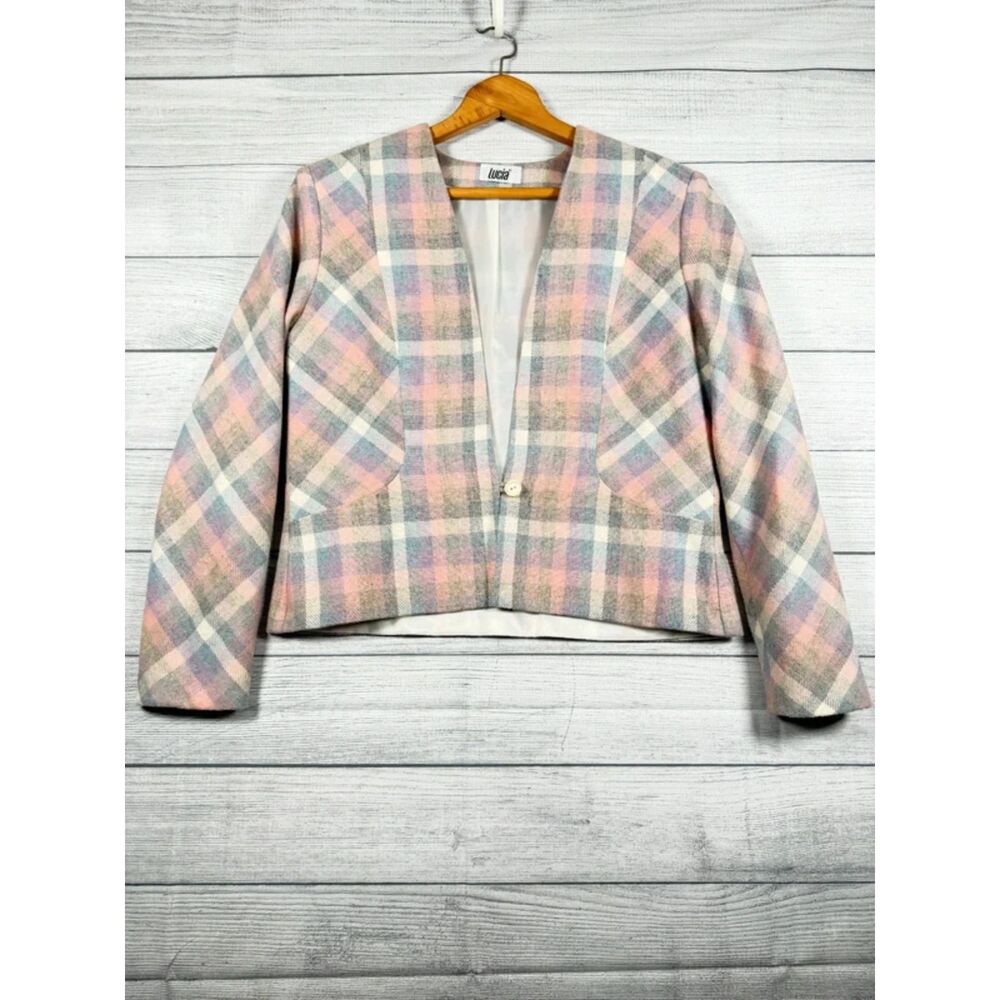Vintage Lucia Women’s Pastel Plaid Blazer Skirt Suit Set Approx L 4107